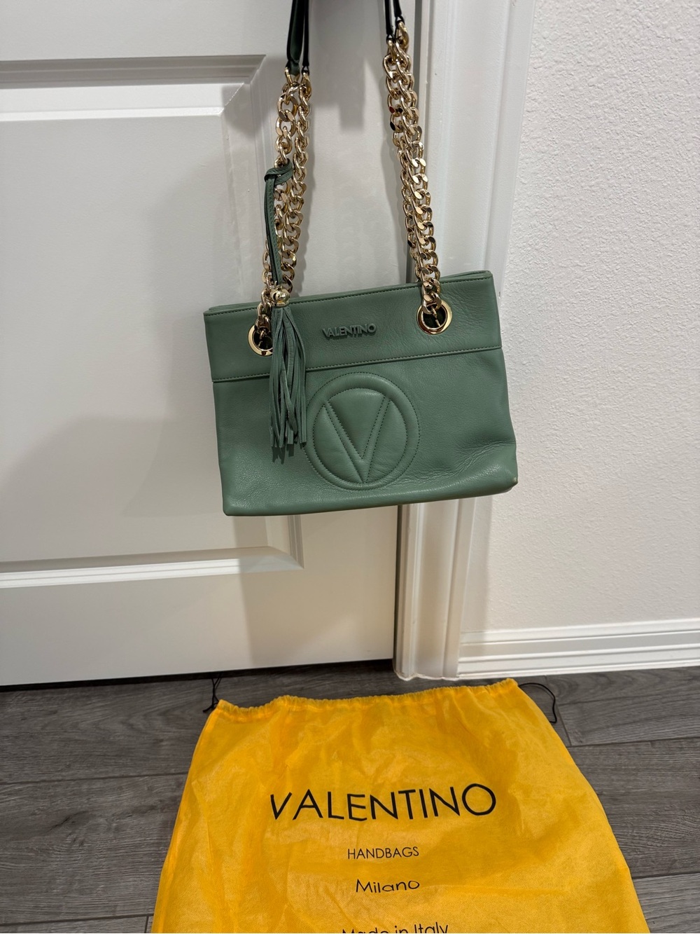 Valentino Sage Green Leather Shoulder Bag with Gold Chains
